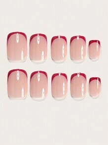 Instantly Upgrade Your Look With 24pcs Medium Square Press On Nails Classic Vintage Burgundy French Fake Nails Fashion Daily Bordeaux Red Narrow Edge French Wear Nail Set Full Cover Fake Nails For Women And Girls Includes 1 Sheet Adhesive Tabs & 1 Pc Mini File Strip Jelly Gel Random Shipment