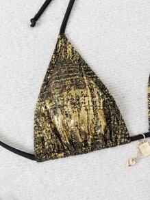 新款时尚闪亮女士三角比基尼优雅系带泳衣分叉领口吊带性感美女沙滩比基尼温泉排队热销泳装度假 - 金色 - 查看 5