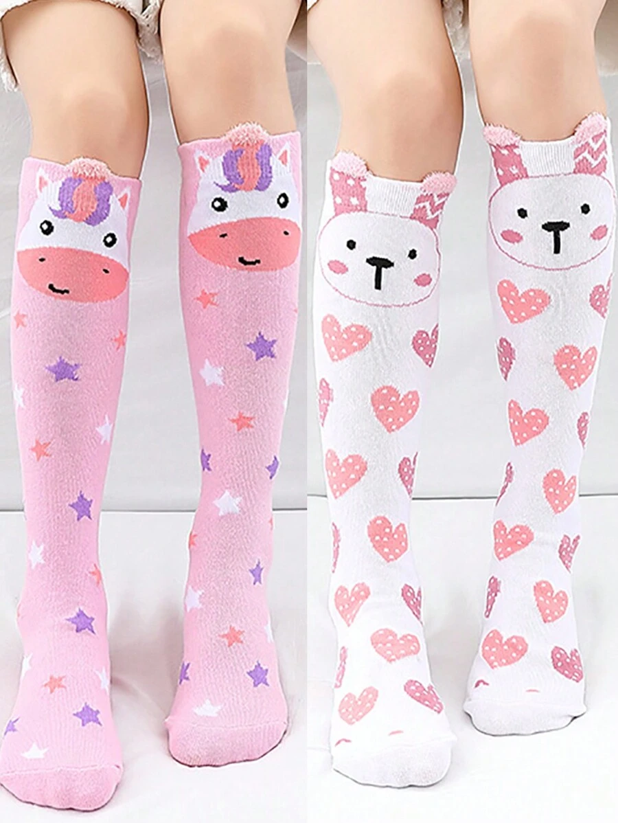 2 pares de calcetines largos hasta la rodilla con diseño de corazón de conejo lindo para niñas, calcetines altos y cómodos de uso casual para niñas - Multicolor - Ver 1