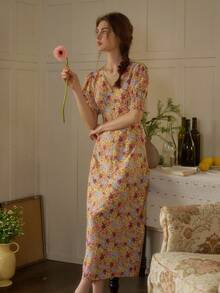 Simple Retro 女士V领花瓣袖碎花优雅复古修身长裙，适合春夏度假穿着 - 杏色 - 查看 5