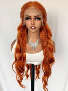 Peluca sintética de encaje frontal de 13x6 pulgadas con cabello de bebé, onda corporal de 30 pulgadas de largo, color naranja, para uso en el Día de Navidad