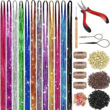 12 色闪亮发丝套装 36 英寸和 48 英寸合成闪亮发丝闪光接发彩色发丝适合女孩万圣节圣诞节新年角色扮演派对 - 彩色 - 查看 13