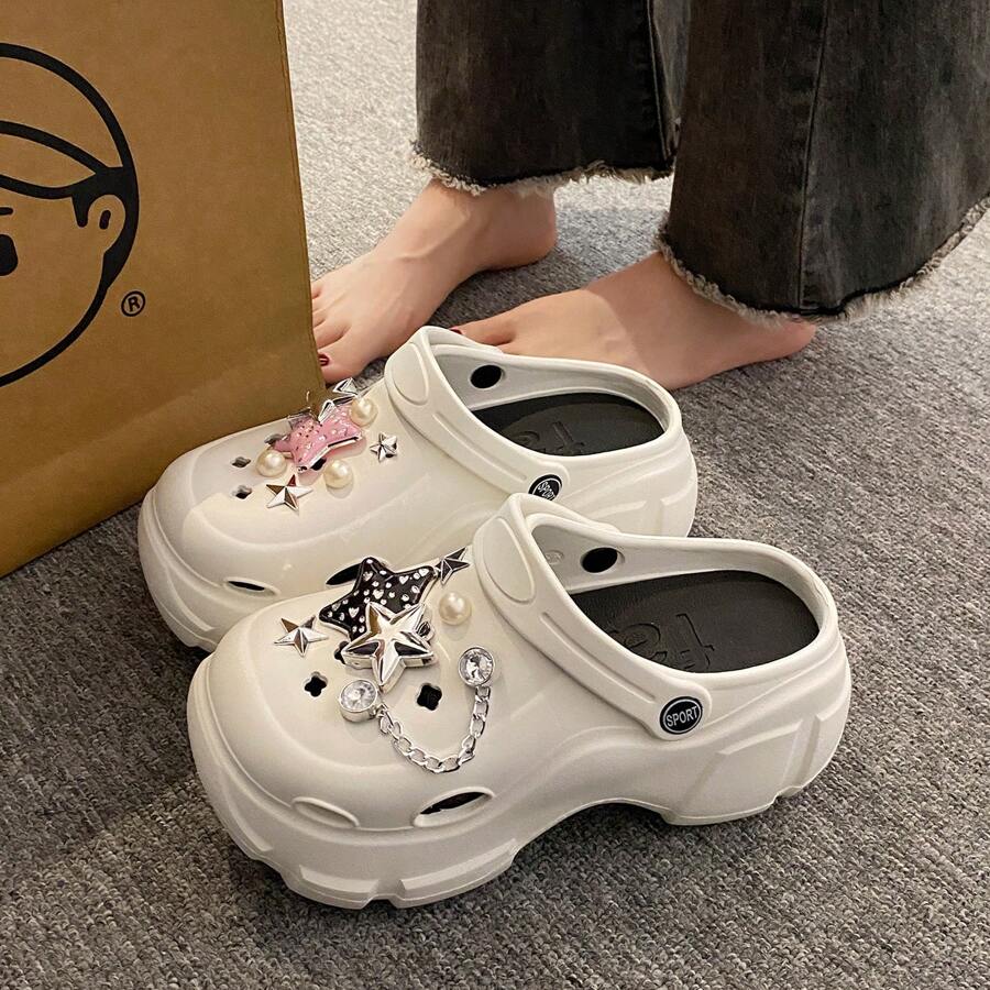 Styl Y2K 2025 Nowa Wiosna Bardzo Gruba Platforma DIY Hollow Out Clogs Ogrodowe Buty Dla Kobiet, Modne Casual Party Outdoor Cute Cartoon EVA Beach Wear, Wszystkie Sezony