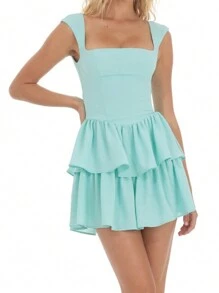 Women Fairy Lace Mini Cami Dress Y2k Sleeveless Ruffle Solid Dress Backless Layered Short Dress Party Clubwear