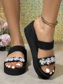 女士夏季新款水钻绑带凉鞋，舒适坡跟厚底防水休闲沙滩拖鞋 - 黑色 - 查看 4