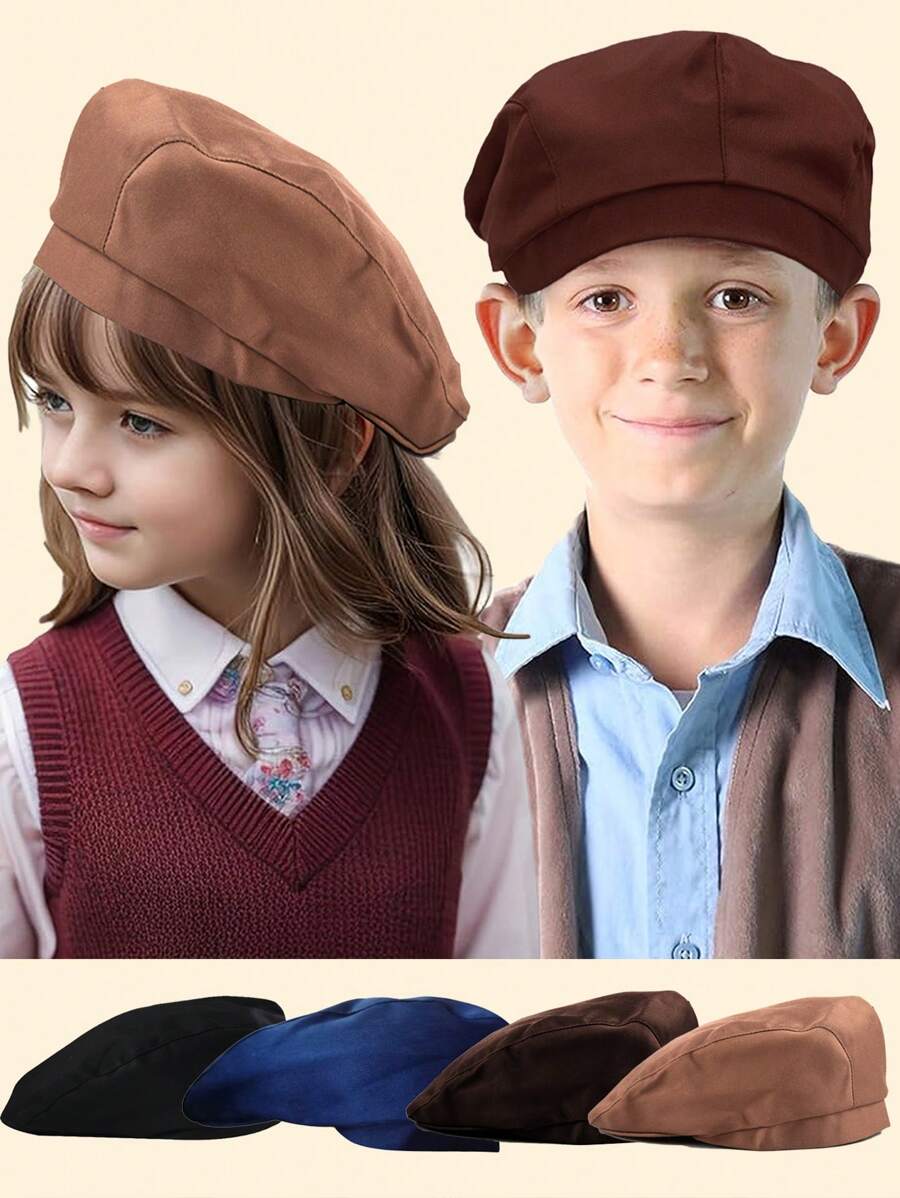 1PC Children Newsboy Hat Solid Color Retro Beret Hats Boy Girl Flat Cap Kids Fashion Accessories Girls Boys Photography Props - 1PC - View 1