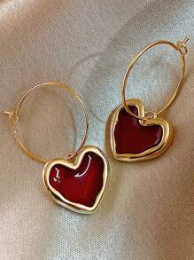 1 Pair Retro Elegant Alloy Burgundy Heart Rhinestone Decorated Women Earrings, Valentine's Or New Year Gift Valentines