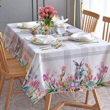 1pc Happy Easter Tablecloth,Easter Egg Patterned Tablecloth,Bunny And Floral Print Tablecloth,Polyester Rectangular Table Cover,Festive Party Decor For Indoor And Outdoor, Kitchen Accessory, Perfect Easter Gift For Family And Friends - Multicolor - View 12