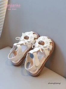 New Girls Sandals With Bowknot & Hollow Flower Design, Soft Bottom Non-Slip Toddler Little Girl Summer Shoes
