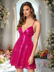 Double Crazy Lace Up Backless Sequin Cami Dress - Hot Pink - View 5