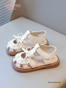 New Girls Sandals With Bowknot & Hollow Flower Design, Soft Bottom Non-Slip Toddler Little Girl Summer Shoes