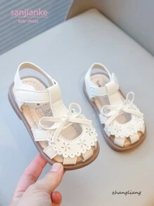 New Girls Sandals With Bowknot & Hollow Flower Design, Soft Bottom Non-Slip Toddler Little Girl Summer Shoes