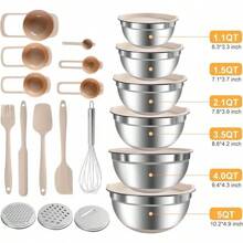 Mixing Bowls With Airtight Lids Set,20 PCS Kitchen Gadgets Set,6 Stainless Steel Bowls,3 Grater Attachments, Non-Slip Silicone Bottoms,Great For Serving&Baking, Size 5, 4, 3.5, 2.1, 1.5,1.1QT - 預設色 - 查看 2