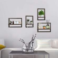 4 Pcs Vintage Wooden Wall Shelf, Floating Shelves For Wall, Rustic Floating ShelvesWood Wall Shelves, Square Display For Photos, Candles, Flowers, Albums & PottedPlants -Ldeal For Living Room & Office Decor - 黑色 - 查看 2