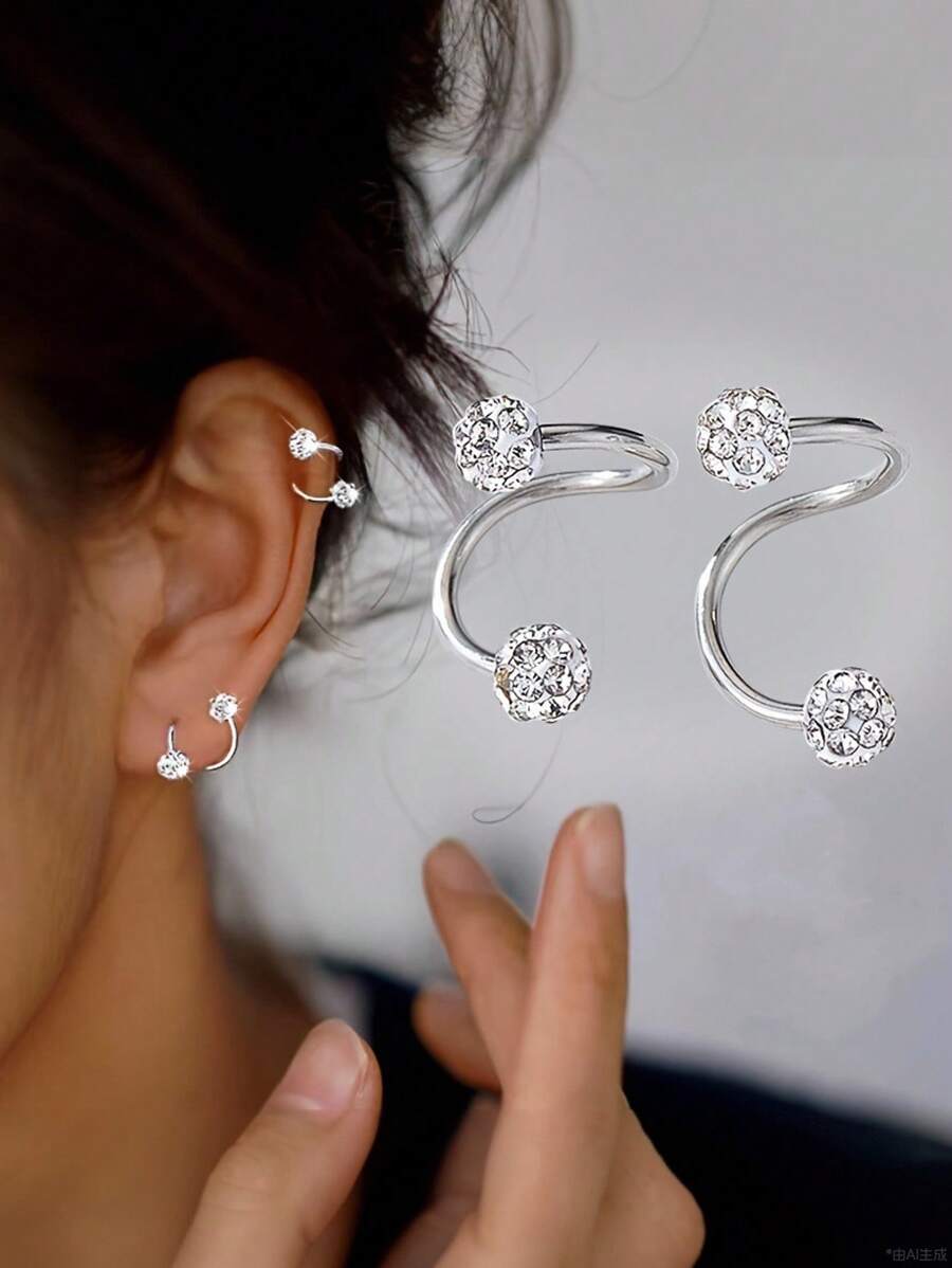 1 Pair Creative Minimalist Fashion Elegant Rhinestone Double-Head Screw Earrings, Suitable As Holiday Gift, Party/Event Wear - Silver - View 1