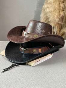 1pc Men's Multi-Color Bull Head Studded Leather Jazz Hat, Outdoor Sun Hat, Large Brim Western Cowboy Hat, Spring/Summer/Autumn