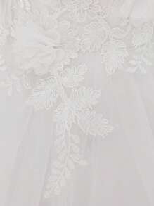 Robe de princesse en maille avec nœud & fleur pour bébé fille, convient pour fête & demoiselle d'honneur, motif de tissu aléatoire, bandeau non inclus - Blanc - Voir 8