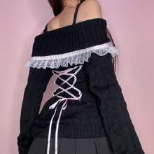 Womens Off The Shoulder Sweater Fall Long Sleeve Lace Trim Going Out Y2k Tops Winter Date Night Outfits - 黑色 - 查看 3