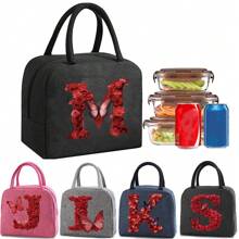 Insulation Lunch Bag Aluminum Foil Bento Pack For Work Large Capacity Cooler Bags Women Handbag Red Rose Initial Letter A-Z Print Lunch Box Portable Thermal Picnic Food Bag