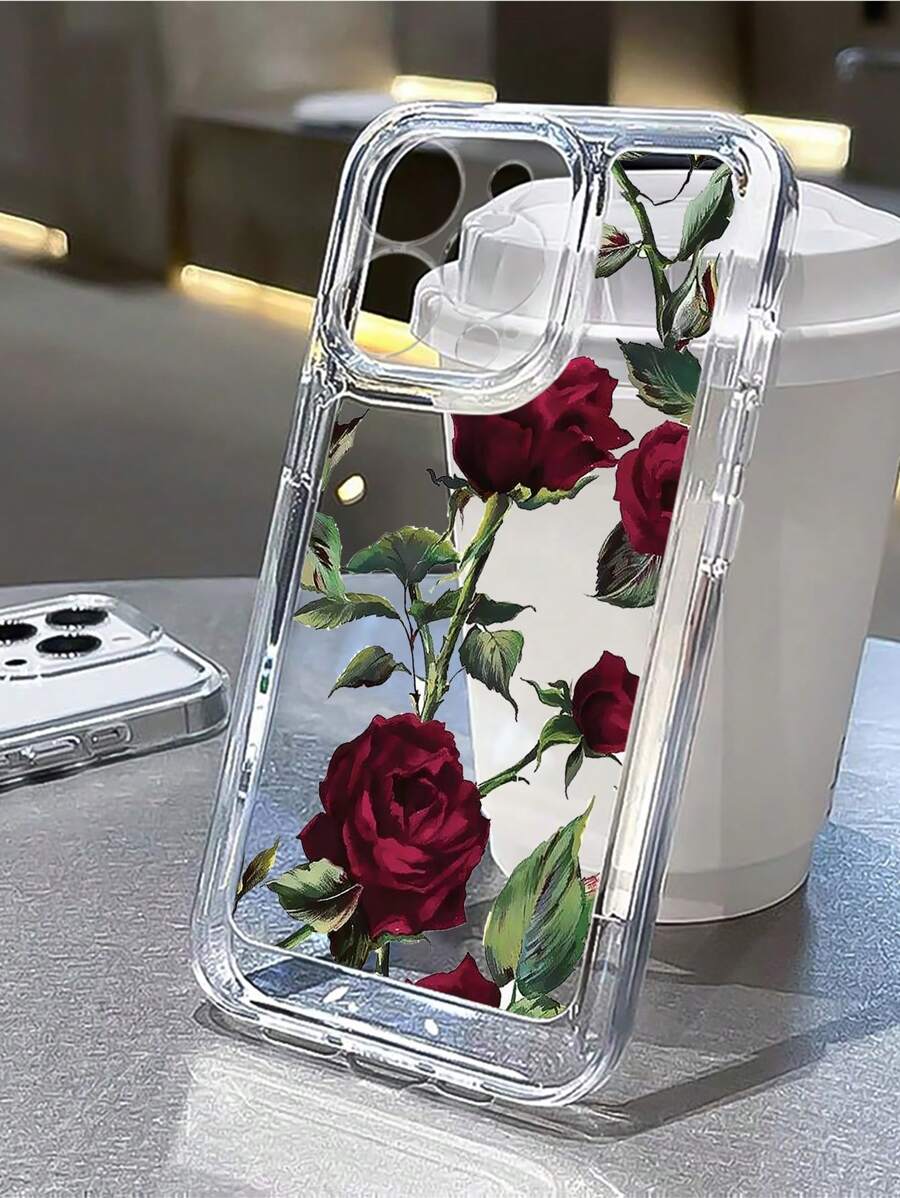 Spring 1pc Black Rose TPU Transparent Phone Case, Compatible With Iphone 11/12/13 Pro/14/15/16 Pro Max/16 Plus/16 Pro/16, S23, S24, S22, S21,International Version, Not The Domestic Version - Clear - View 1