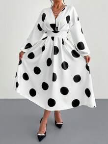 abyoxi 白色性感 V 领长袖 A 字褶皱休闲连衣裙，带波尔卡圆点印花，日常，简约，新款女装 - 黑與白 - 查看 3
