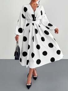 abyoxi 白色性感 V 领长袖 A 字褶皱休闲连衣裙，带波尔卡圆点印花，日常，简约，新款女装 - 黑與白 - 查看 1