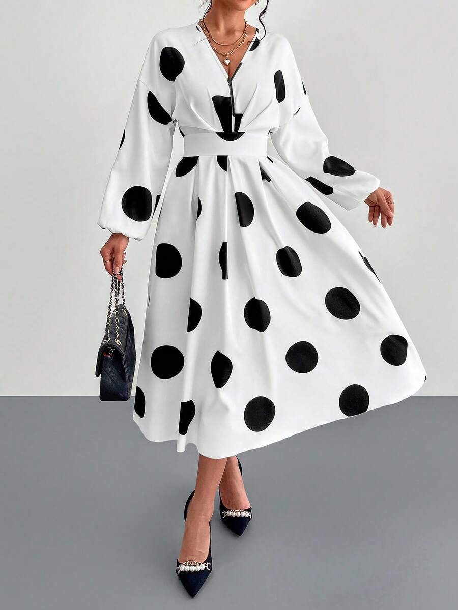 abyoxi 白色性感 V 领长袖 A 字褶皱休闲连衣裙，带波尔卡圆点印花，日常，简约，新款女装 - 黑與白 - 查看 1