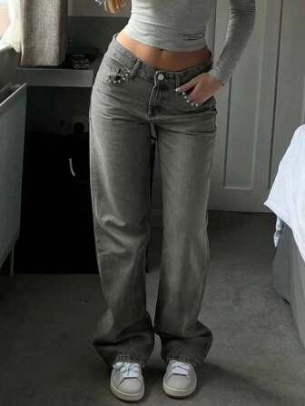 All-Match Grey Straight Leg Casual Pants, Versatile For All Seasons