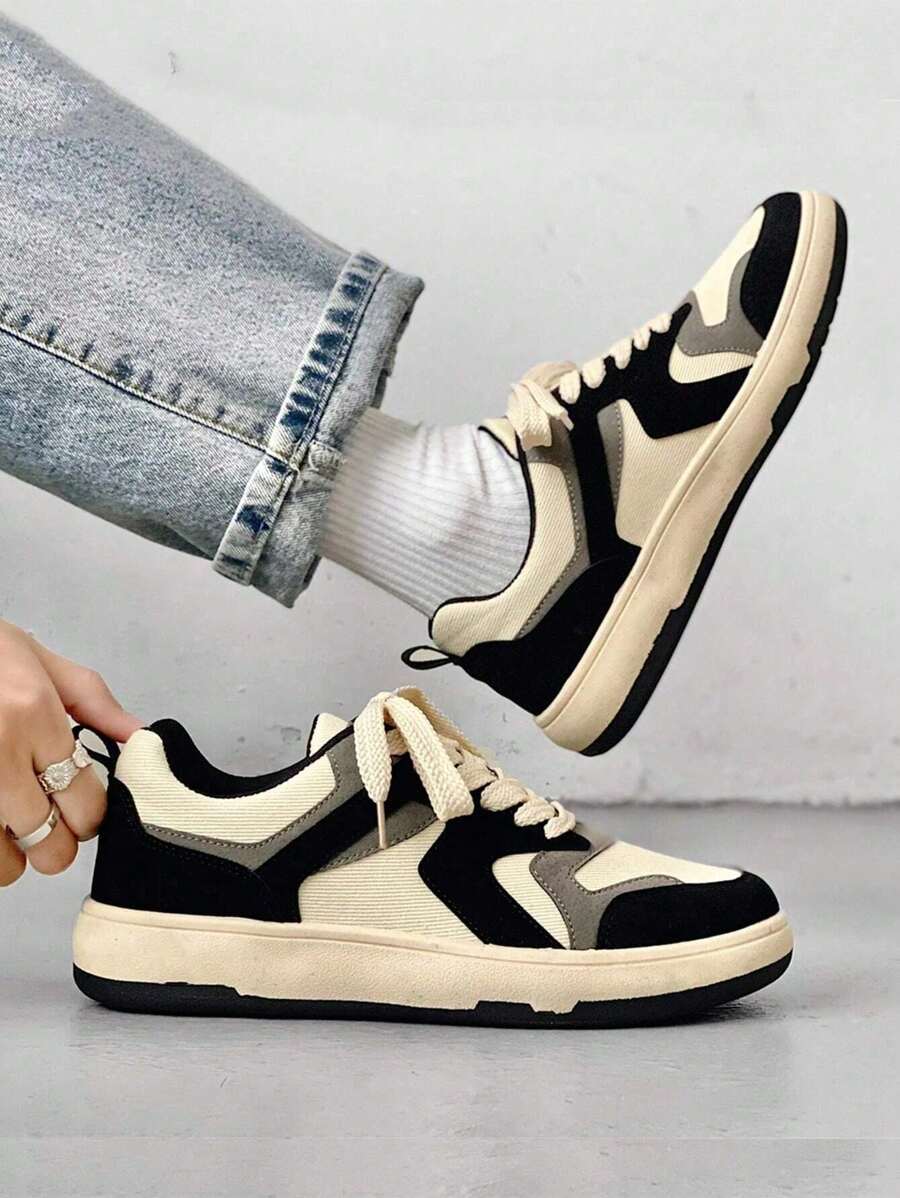 Tenis para Correr de Hombre de Moda Zapatos Casuales Sneakers Cómodo Caminar, Zapatillas Deportivas De Skate De Moda Para Hombre. Zapatos Casuales Con Cordones De Colorblock,zapatos planos de skate de PU con cordones y estampado de letras para hombres, zapatos deportivos resistentes para exteriores, Zapato para Hombre - Mocasines Casual de Cordones, Estilo Moderno y Ligero - Negro - Ver 1