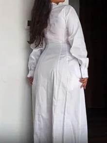 Unadoll 女士衬衫领、腰带、开领、优雅全白连衣裙，适合旅行约会、音乐节、毕业季、返校服装 - 白色 - 查看 5