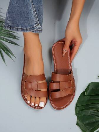 Ladies One-Push Flat Sandals, Flip Flops, Casual Summer Slippers