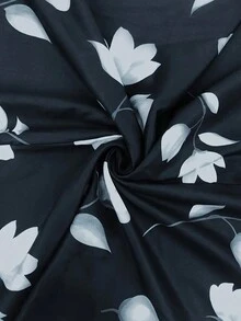 Women's Long Sleeve Front Tie Floral Print Maxi Arab Style Abaya, Modest Robe - Blue - View 3