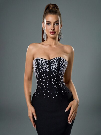 Fuaheng Robe moulante sirène bandage sans bretelles avec décoration de perles et de petites perles sur le Top du corps pour femmes - Robe de soirée, robe d'invitée de mariage, robe de cérémonie, robe de soirée