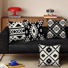 MEMNUN 1 件，现代抽象几何抱枕套 - 可洗涤纶面料，条纹格子设计，17.7 X 17.7 英寸枕套，黑白，露台花园甲板家具装饰套，深座床沙发装饰靠垫套（不含芯） - 黑與白 - 查看 1
