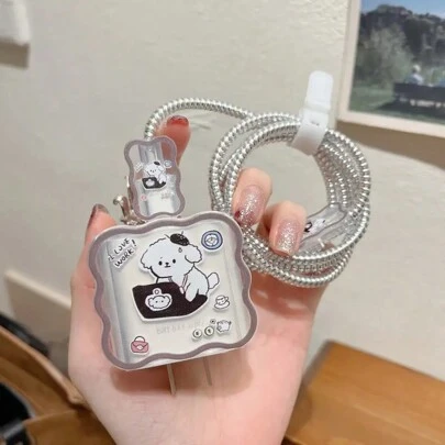 5 件可爱小狗波浪边电缆保护套，兼容 Apple 18W/20W 充电器适配器 - TPU 软壳，防刮防摔装饰保护套，波浪狗框架，电缆保护器，充电器头保护器