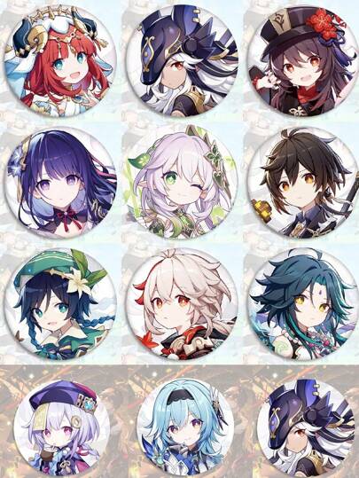 شارات وأزرار وأبرق من معدن منقوشة بالليزر لشخصيات أنمي ل- "رايدن شوغون"، "هو تاو"، "كلي" وغيرها من الشخصيات الجميلة