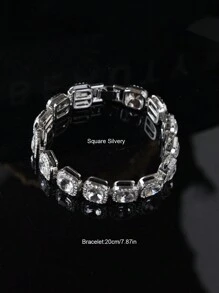 kuuioe 1 件装欧美时尚链条水钻手链方形水钻圆形心形女士复古朋克风格嘻哈珠宝情人节 - 銀色 - 查看 5