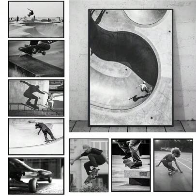 1pc/3PCS Wall Arts Posters Frameless Skateboarding Extreme Sports Posters Prints Black White Photo Canvas Painting Wall Art Pictures Room Decor Skateboard Lover Gift Vintage