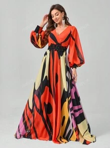 SUPGIR [Random Floral Cutout Print] V-Neck Floral Decor Lantern Sleeve Digital Watercolor Print High-Low Chiffon Party Dress
