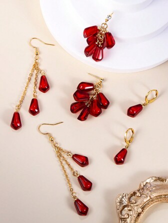 1pair Sweet Fruit Pomegranate Multi-Layer Pendant Earrings New Year Red Pomegranate Small Stud Tassel Chain Earrings Suitable For Women's Daily Party Wear