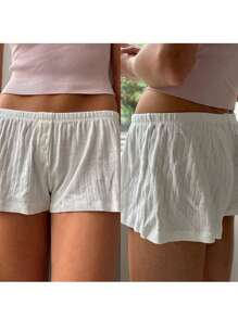 Women Summer Eyelets Shorts Casual Elastic Waist Short Pants For Vacation Beach Nightclub Streetwear - 白色 - 查看 3