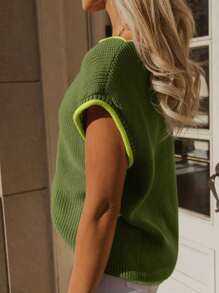女士撞色滚边休闲撞色拼接蝙蝠袖针织上衣，短袖针织衫，无袖背心，夏季上衣，春季服装，宽松吊带衫，T恤 - 綠色 - 查看 5
