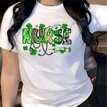 Happy St. Patrick's Day, Nurse Women's Single Side Printed Short Sleeve T-Shirt Round Neck Summer Fashion Solid Basic T-Shirt Tops Casual Summer Shirts - White - View 2