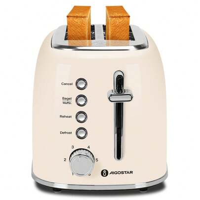 Aigostar Stainless Steel Toaster 2 Slices, Wide Slot With Bagel Defrost Reheat Cancel Functions, Cream