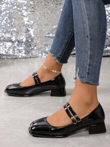 Women's Fashion Buckle Comfortable Glossy Chunky Heel High Heels, Black Patent Leather Mary Janes Shoes With School Style, Suitable For All Seasons