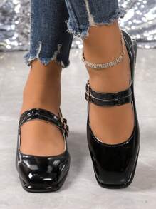 Women's Fashion Buckle Comfortable Glossy Chunky Heel High Heels, Black Patent Leather Mary Janes Shoes With School Style, Suitable For All Seasons