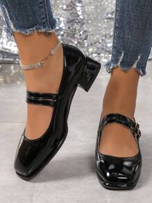 Women's Fashion Buckle Comfortable Glossy Chunky Heel High Heels, Black Patent Leather Mary Janes Shoes With School Style, Suitable For All Seasons