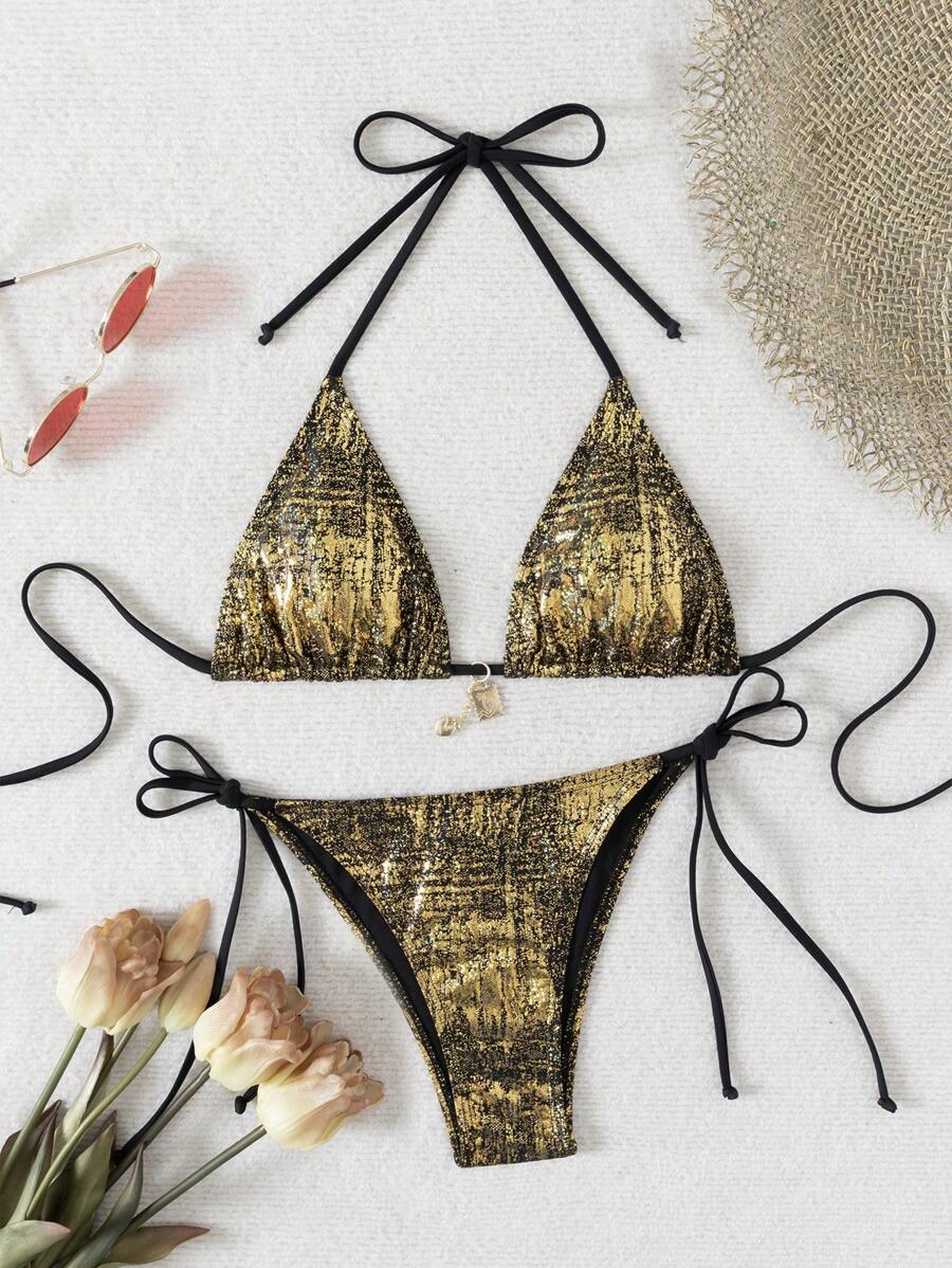新款时尚闪亮女士三角比基尼优雅系带泳衣分叉领口吊带性感美女沙滩比基尼温泉排队热销泳装度假 - 金色 - 查看 1