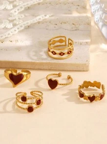 1 件/5 件不锈钢简约红色珐琅心形开口戒指，适合女性日常佩戴、约会、情人节、妈妈、母亲、母亲节、礼物 - 彩色 - 查看 5