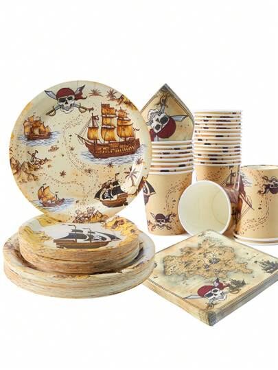 Set di piatti, tovaglioli e bicchieri monouso usa e getta per 25 ospiti, a tema del tesoro dei pirati, adatto per feste di compleanno e picnic in famiglia